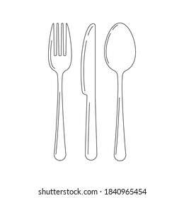 Cutlery line art icon set isolated on white background. Top view lineart silverware - fork knife spoon. Vector flat design outline style food, restaurant logo illustration. 