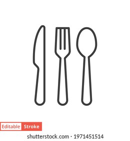 Cutlery line icon. Simple outline style. Flatware, spoon, fork, steak knife, plate, restaurant concept. Vector illustration isolated on white background. Editable stroke EPS 10