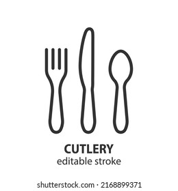 Cutlery line icon. Spoon, fork, knife vector sign. Editable stroke.