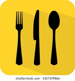 Cutlery logo. fork table knife spoon illustration. Flat 3D shadow design. yellow background black vector. product brand service restaurant inn meal label banner board display. App icon.