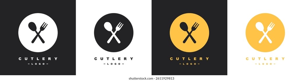 Cutlery logos set. Fork and knife on a plate