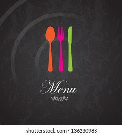 Cutlery and menu label over  black background vector illustration