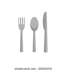 Cutlery modern icon. Flat vector fork, knife, spoon on white background. Trendy color design of grey kitchen fork and knife.