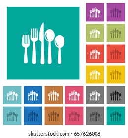 Cutlery multi colored flat icons on plain square backgrounds. Included white and darker icon variations for hover or active effects.