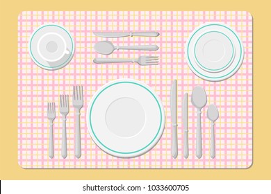 Cutlery on the table, table setting. Empty plate, fork, spoon, knife. Vector illustration.