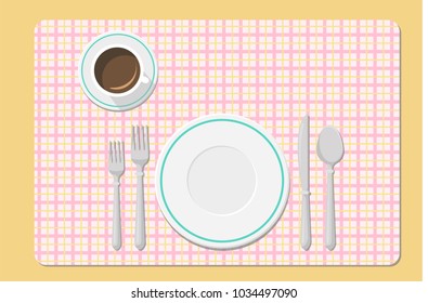 Cutlery on the table, table setting. Empty plate, fork, spoon, knife. Vector illustration.