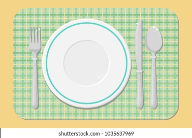 Cutlery on the table, table setting. Empty plate, fork, spoon, knife. Vector illustration.
