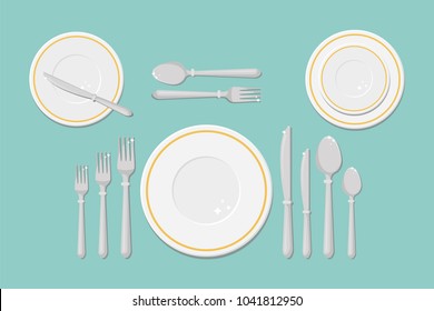 Cutlery on the table, table setting. Empty plate, fork, spoon, knife. Vector illustration.