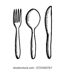 Cubiertos sobre un fondo blanco. Tenedor, cuchara y cuchillo.