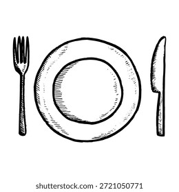 Cubiertos sobre un fondo blanco. Placa, tenedor y cuchillo