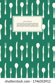 Cutlery pattern design for food journal, diary, notebook cover. Illustrated background with forks, spoons and knives