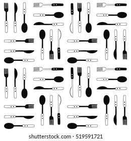 Cutlery pattern. Fork, knife, spoon vector background. Hand drawn doodle illustration. Black and white sketch cutlery. Isolated objects on white