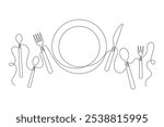 Cutlery and plate drawn with one continuous line in minimalism, flat design. Editable vector outline.