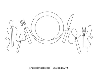 Cutlery and plate drawn with one continuous line in minimalism, flat design. Editable vector outline.