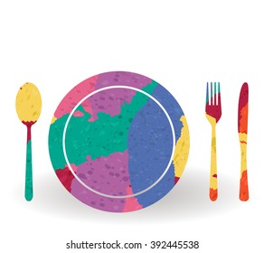 cutlery and plate drawn painted icon vector