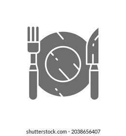 Cutlery, plate with fork and knife grey icon.