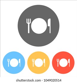 cutlery. plate fork and knife icon. Set of white icons on colore