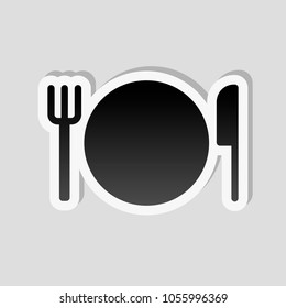 cutlery. plate fork and knife icon. Sticker style with white border and simple shadow on gray background