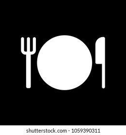 cutlery. plate fork and knife icon. White icon on black background. Inversion
