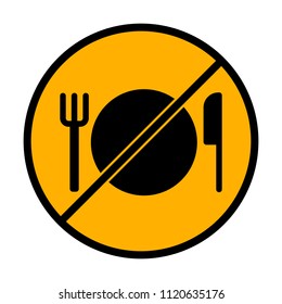 cutlery. plate fork and knife icon. not allowed, black object in warning sign with orange background color