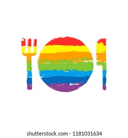 cutlery. plate fork and knife icon. Drawing sign with LGBT style, seven colors of rainbow (red, orange, yellow, green, blue, indigo, violet