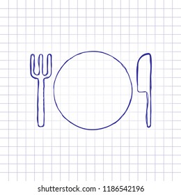 cutlery. plate fork and knife icon. Hand drawn picture on paper sheet. Blue ink, outline sketch style. Doodle on checkered background