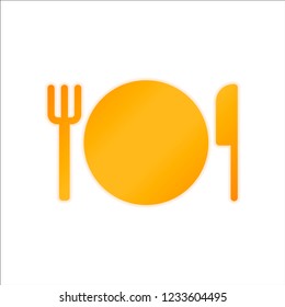 cutlery. plate fork and knife icon. Orange sign with low light on white background