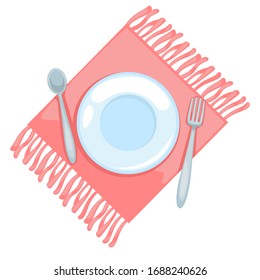 Cutlery and plate, fork and knife on napkin isolated icon vector. Cafe and restaurant, proper table setting, serving for one, home cotton textile or fabric. Dinner equipment or tool, kitchenware