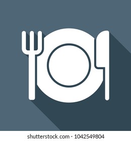 cutlery. plate fork and knife. simple silhouette. White flat icon with long shadow on background