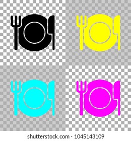 cutlery. plate fork and knife. simple silhouette. Colored set of cmyk icons on transparent background
