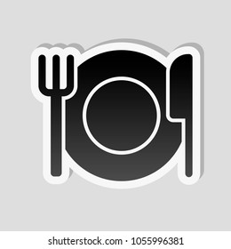 cutlery. plate fork and knife. simple silhouette. Sticker style with white border and simple shadow on gray background
