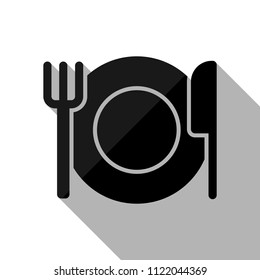 cutlery. plate fork and knife. simple silhouette. Black object with long shadow on white background