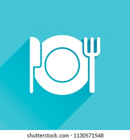 cutlery. plate fork and knife. simple silhouette. Gray icon with long shadow in bottom left corner on blue background