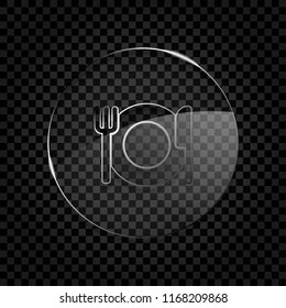 cutlery. plate fork and knife. simple silhouette. Icon in circle glass bubble on dark transparent grid. Glass style