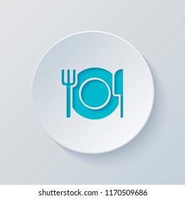 cutlery. plate fork and knife. simple silhouette. Cut circle with gray and blue layers. Paper style