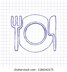 cutlery. plate fork and knife. simple silhouette. Hand drawn picture on paper sheet. Blue ink, outline sketch style. Doodle on checkered background
