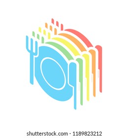 cutlery. plate fork and knife. simple silhouette. Stack of colorful isometric icons on white background