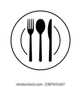 Küchenplatte, Gabel, Löffel und Messer für die Ikone Lebensmittel. zum Essen. Tafelgeschirr für Menücafé oder Restaurant. Vektorgrafik