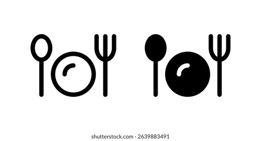 Cutlery and Plate Icon Set. A black icon of cutlery and a plate, representing dining or restaurant services.