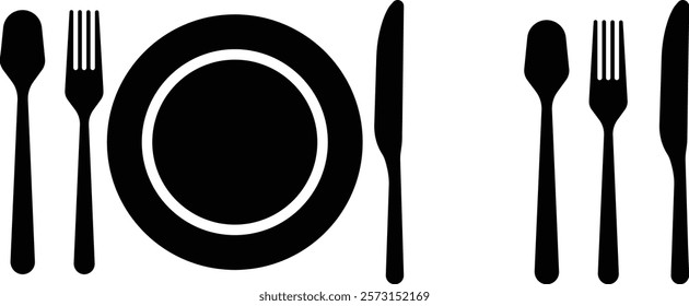 Cutlery plate icon set. Place Setting Paper Plate, Plastic Fork, Spoon, Knife black line and flat vector collection isolated on transparent background. Utensils meal crockery symbol for food and app