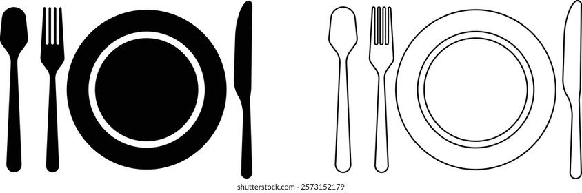 Cutlery plate icon set. Place Setting Paper Plate, Plastic Fork, Spoon, Knife black line and flat vector collection isolated on transparent background. Utensils meal crockery symbol for food and app