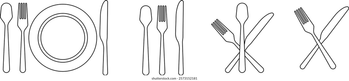 Cutlery plate icon set. Place Setting Paper Plate, Plastic Fork, Spoon, Knife black line and flat vector collection isolated on transparent background. Utensils meal crockery symbol for food and app