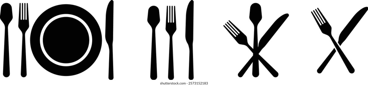 Cutlery plate icon set. Place Setting Paper Plate, Plastic Fork, Spoon, Knife black line and flat vector collection isolated on transparent background. Utensils meal crockery symbol for food and app