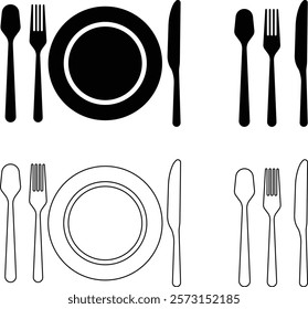 Cutlery plate icon set. Place Setting Paper Plate, Plastic Fork, Spoon, Knife black line and flat vector collection isolated on transparent background. Utensils meal crockery symbol for food and app