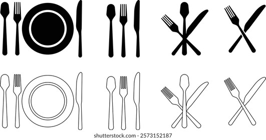 Cutlery plate icon set. Place Setting Paper Plate, Plastic Fork, Spoon, Knife black line and flat vector collection isolated on transparent background. Utensils meal crockery symbol for food and app