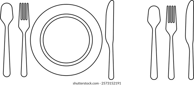 Cutlery plate icon set. Place Setting Paper Plate, Plastic Fork, Spoon, Knife black line and flat vector collection isolated on transparent background. Utensils meal crockery symbol for food and app