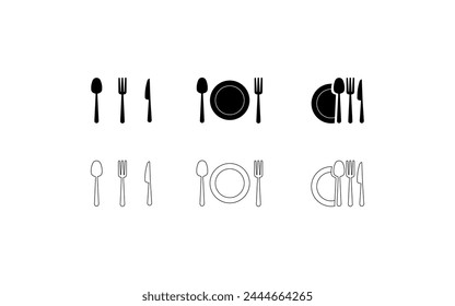 Cutlery and plate icons. Linear, spoon, fork, knife, plate cutlery. Vector icons