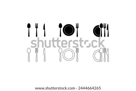 Cutlery and plate icons. Linear, spoon, fork, knife, plate cutlery. Vector icons