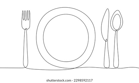 Cutlery. Plate, knife fork and spoon. Appliances for food. World Food Safety Day . One line drawing for different uses. Vector illustration.