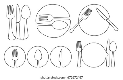 Cutlery And Plate One Line Drawing